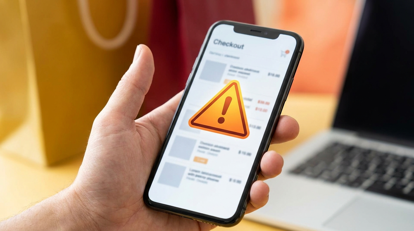 Hand holding a phone with a warning icon over a suspicious checkout page