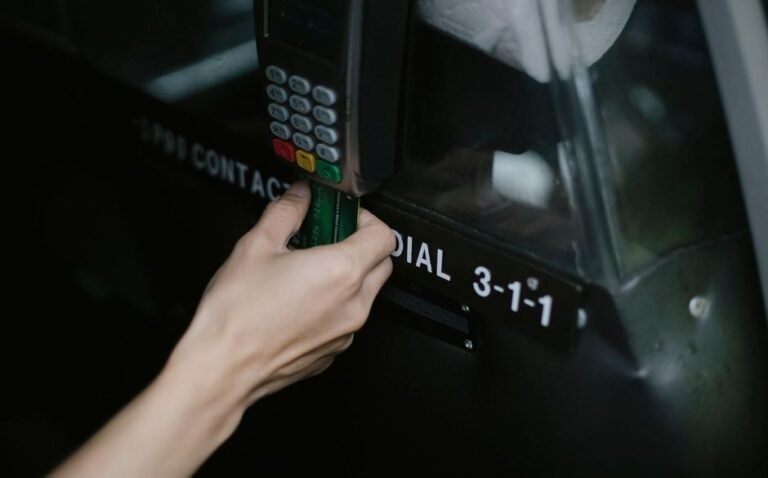 Traveler paying with a card at a payment terminal abroad