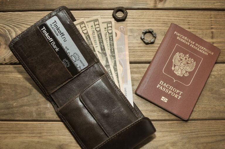 Leather wallet with cash and passport representing a digital nomad international banking setup