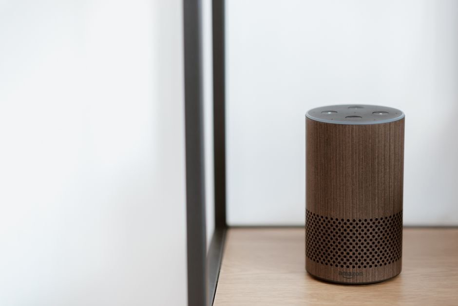 Google Home Speaker smart speaker on a shelf in a living room