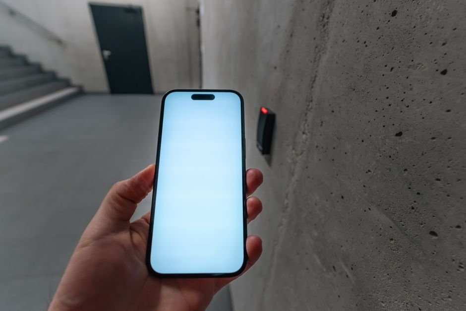 Smartphone being used for NFC-based door access control near a keypad