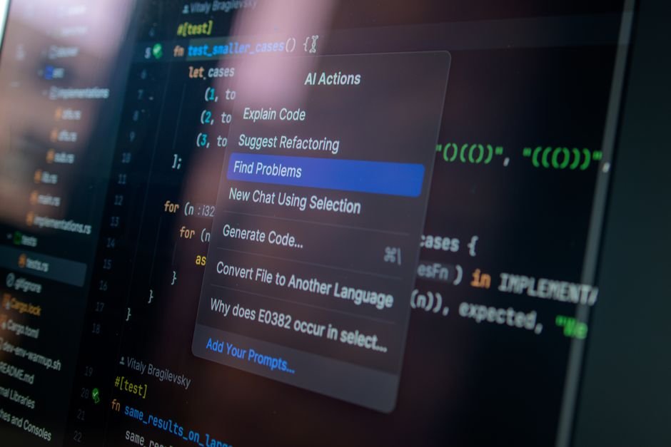 Code editor with an AI actions menu open, representing selecting GPT-6.1 Sol in Codex