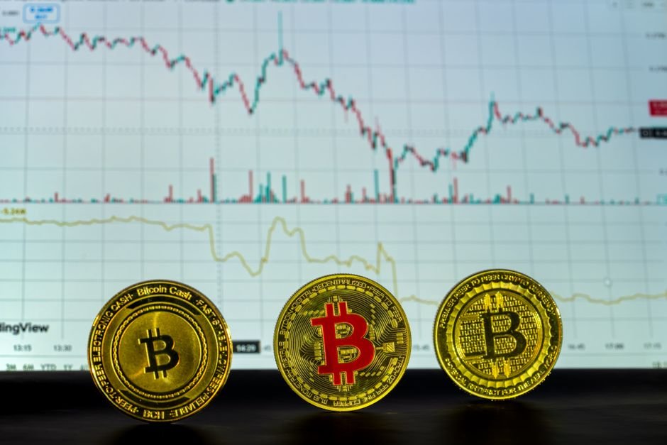 Three coins in front of a trading graph showing market trends around a token unlock