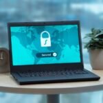Laptop on a desk with a padlock concept for online privacy