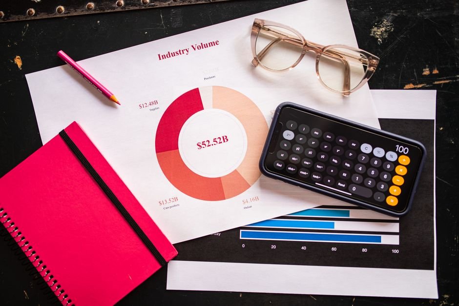 Business charts, calculator and eyeglasses on a desk