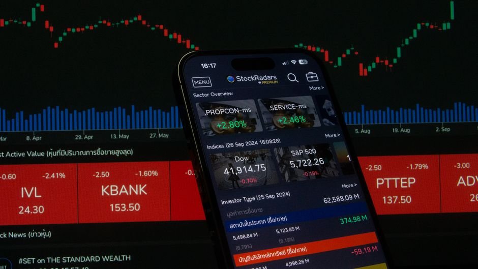 Trading app interface with investment charts